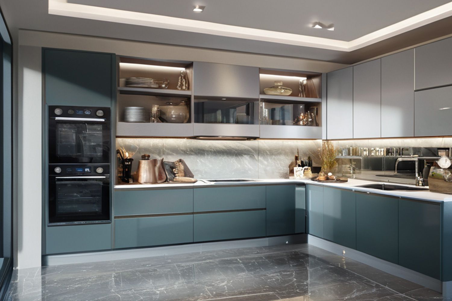 Kitchen Cabinet L-shaped Layout Modern Matte Lacquer Elegant Design Cabinet