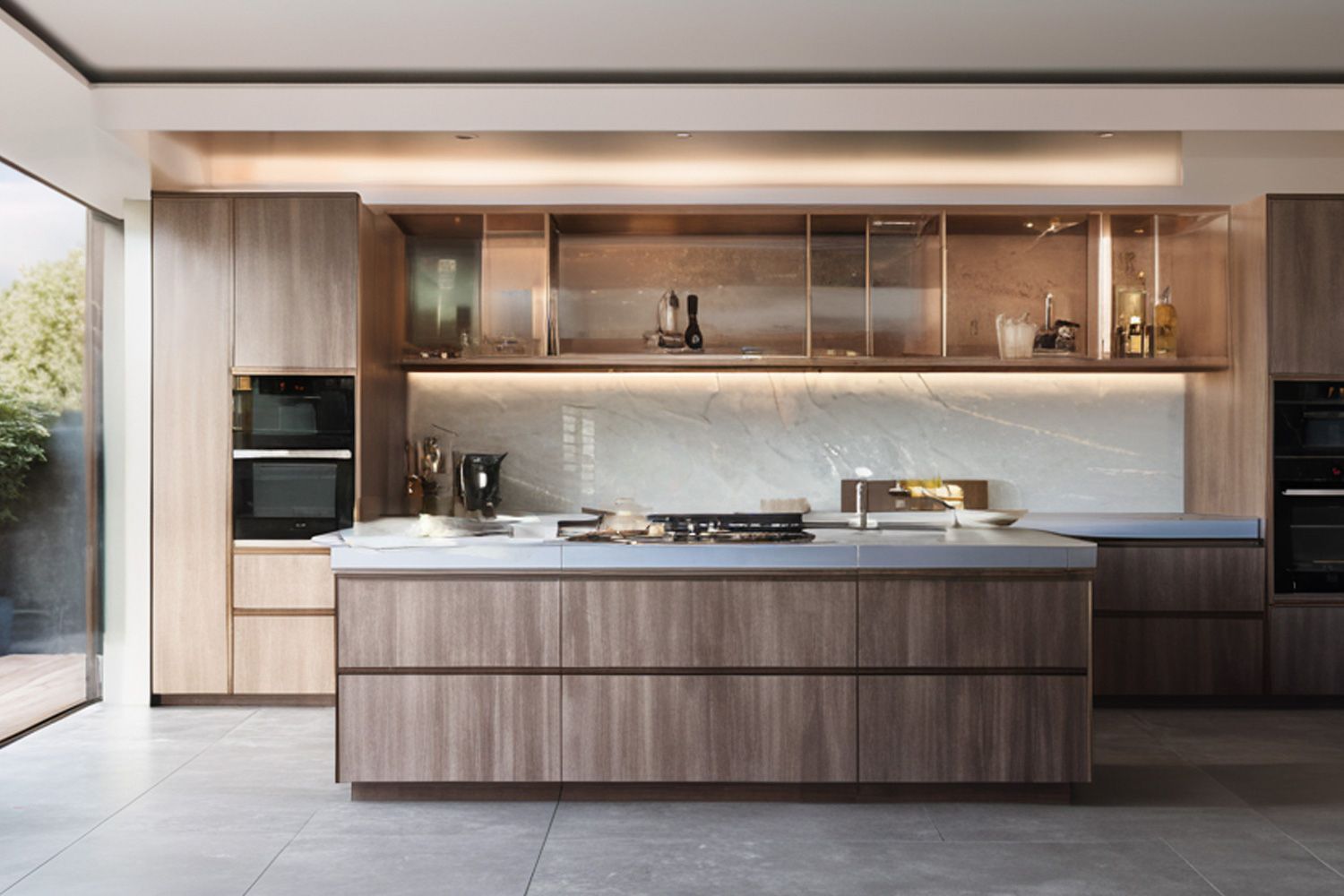 Kitchen Cabinet with Island High End Wood Veneer Finish Modern Functional Design