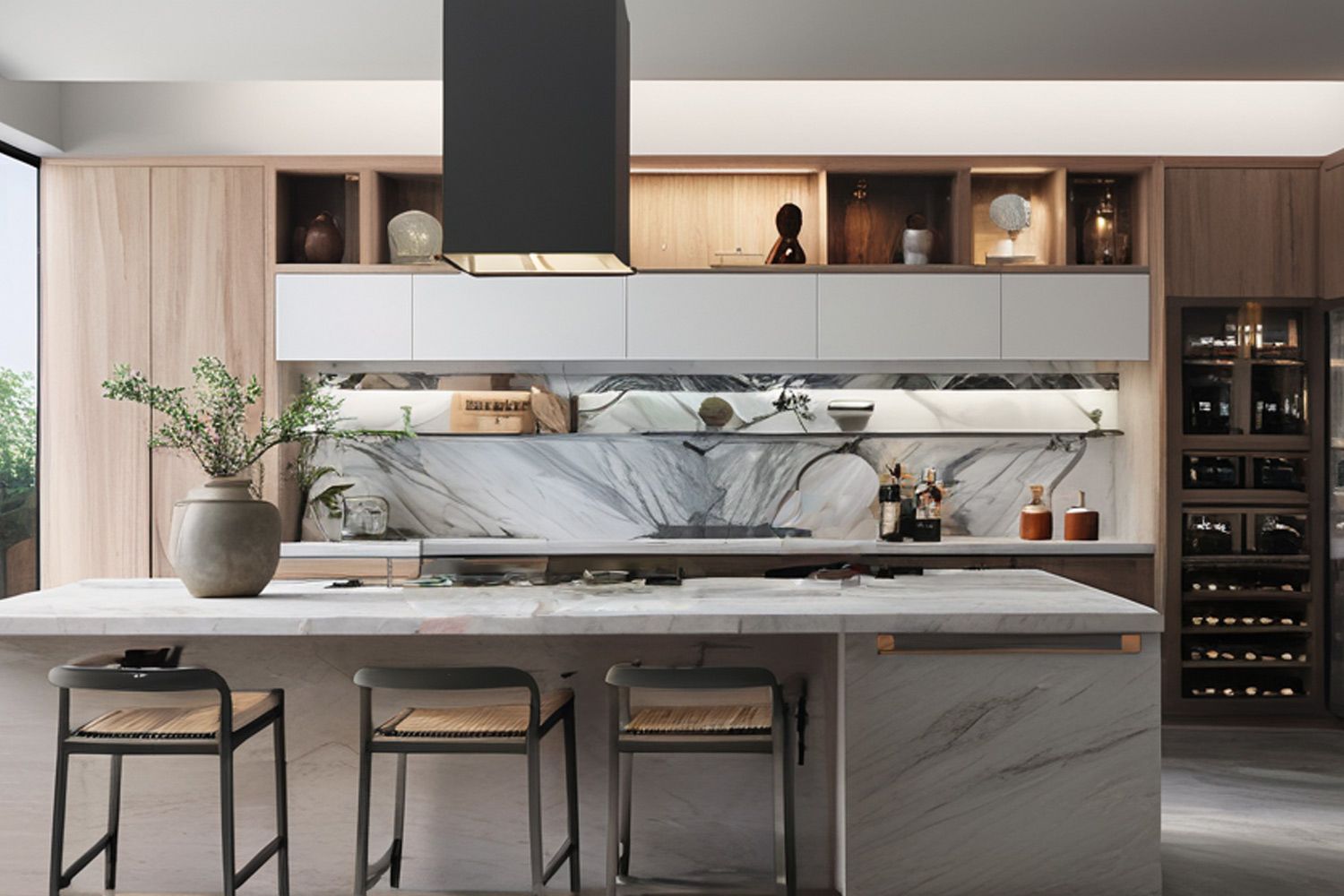 Modern Kitchen Cabinet with Island Sleek Veneer Finish Stylish Design Kitchen Set