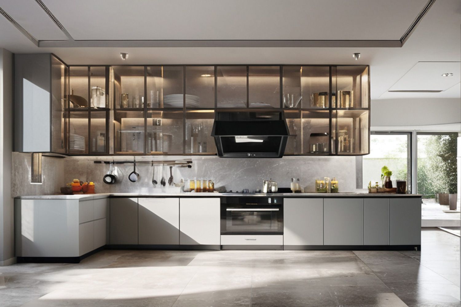 Modern Kitchen Cabinet L-shaped Layout Bright Lacquer Finish Moisture-proof Cabinet