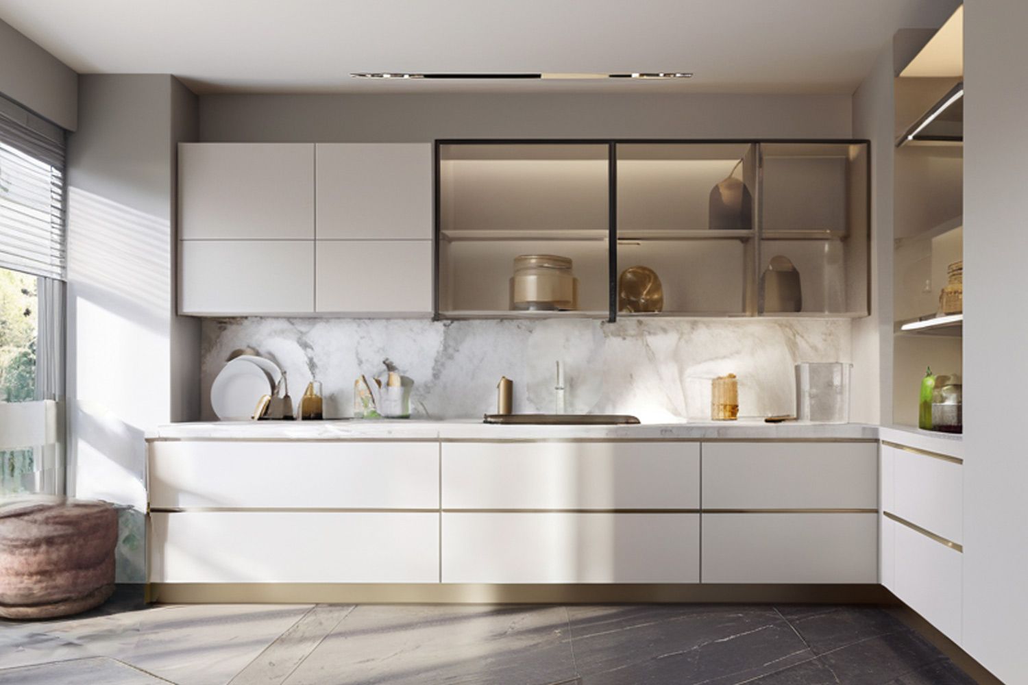 Modern Kitchen Cabinet Smooth Lacquer Finish L-shaped Design Durable Cabinet Set
