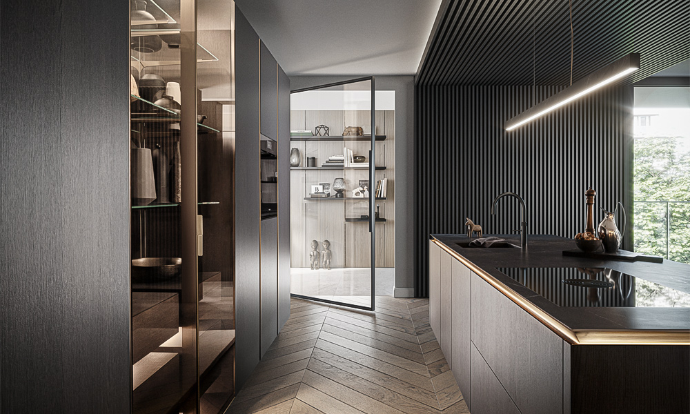 A close-up view of a modern one-wall kitchen featuring dark lacquered cabinets and a central island. The sleek, glossy finish of the dark cabinetry contrasts beautifully with the light-colored central island, which serves as both a functional workspace and a stylish focal point. The minimalist design emphasizes clean lines, making the kitchen appear open and contemporary. The central island provides ample space for preparation, while the streamlined look enhances the overall aesthetic of the kitchen.
