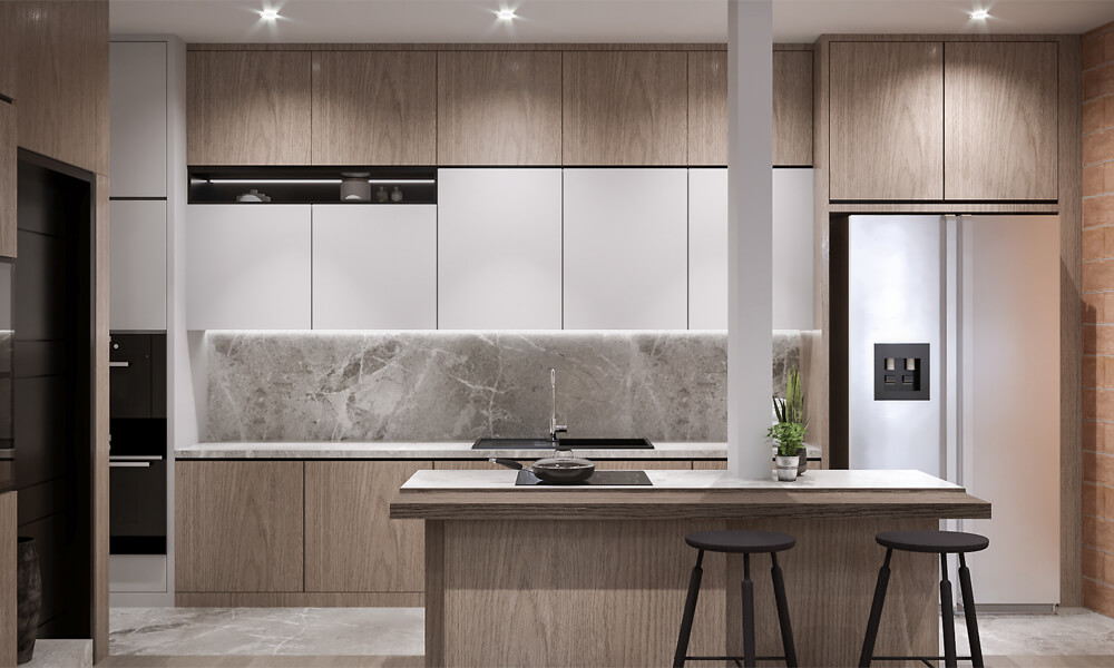 A modern kitchen featuring wood veneer cabinets in a sleek, one-wall (I-shaped) layout. The warm, natural texture of the wood contrasts beautifully with the clean lines of the design. A central island with a smooth countertop offers additional workspace and serves as a stylish focal point, perfect for cooking, dining, or socializing. The minimalist aesthetic and streamlined cabinetry highlight the contemporary feel, creating a functional yet inviting kitchen atmosphere.