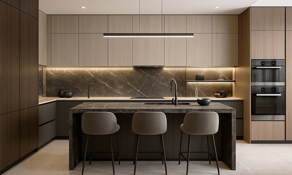 A modern kitchen with wood veneer cabinets, featuring an L-shaped layout. The warm wood tones of the lower cabinets contrast beautifully with the sleek, minimalist design. A central island with a spacious countertop serves as both a functional workspace and a social hub, ideal for cooking and gathering. The open design enhances the flow of natural light, creating an inviting and efficient kitchen space. The combination of wood veneer and contemporary finishes brings a touch of elegance and warmth to the modern aesthetic.