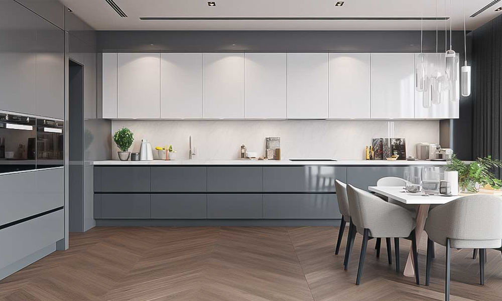 A modern L-shaped kitchen featuring deep gray lacquered cabinetry. The rich gray tones create a sleek and sophisticated look, complementing the minimalist design and clean lines to create a contemporary and functional cooking space.