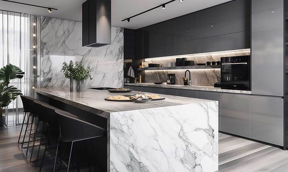 A modern one-wall kitchen with deep gray lacquered cabinetry and a central island. The rich gray tones of the cabinets contrast with the sleek island, creating a sophisticated, contemporary atmosphere with clean lines and a minimalist design.