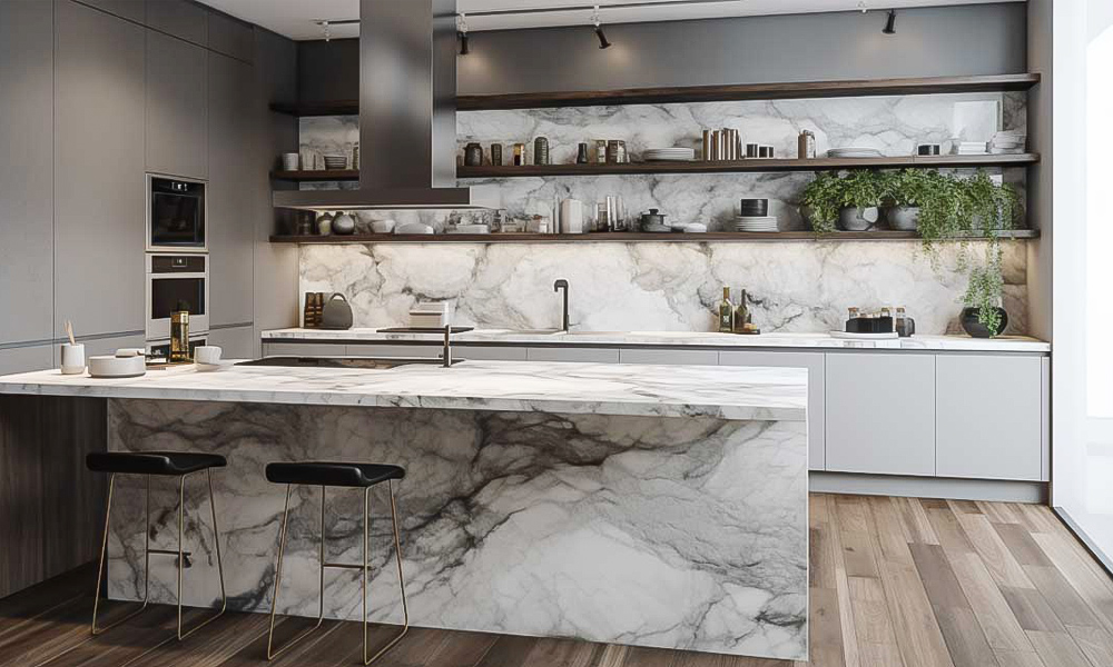 A modern one-wall kitchen featuring deep gray lacquered cabinetry and a central island. The sleek, dark cabinetry contrasts beautifully with the island, creating a stylish and contemporary atmosphere with clean lines and a minimalist design.