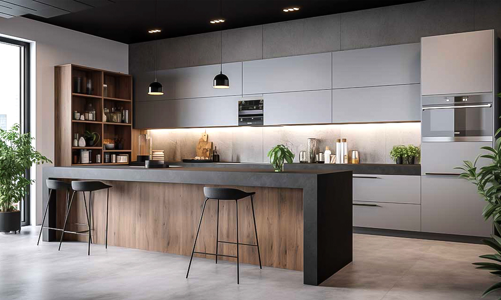 A modern one-wall kitchen featuring gray lacquered cabinetry and a central island. The sleek, minimalist design with clean lines and neutral tones creates a contemporary, stylish atmosphere, while the island adds both functionality and a focal point to the space.