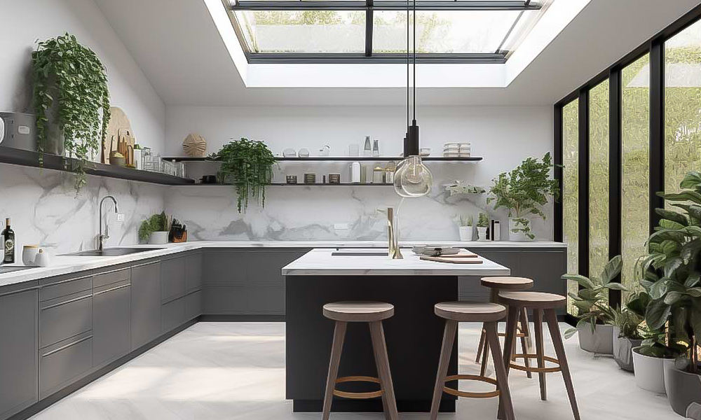 A modern L-shaped kitchen with gray lacquered cabinets and a central island. The sleek gray finish gives the space a sophisticated and minimalist look, while the island provides additional workspace and serves as a stylish centerpiece.