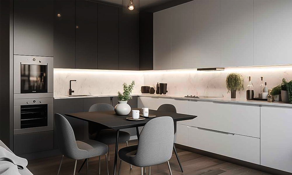 A contemporary L-shaped kitchen featuring black and gray lacquered cabinetry and a central island. The dark, sleek finish of the cabinets creates a bold, modern look, while the island adds both functionality and style, serving as a central focal point in the space.