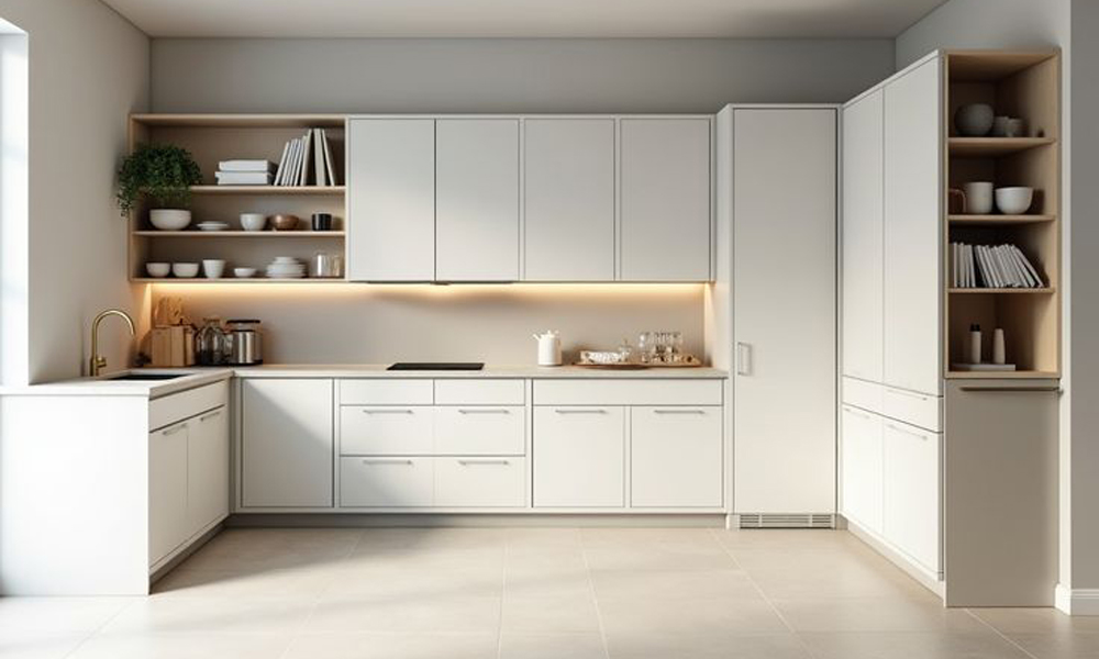 A sleek U-shaped kitchen featuring glossy white lacquered cabinetry. The high-gloss finish of the cabinets gives the space a modern, clean aesthetic, while the U-shape layout maximizes both storage and counter space for enhanced functionality.