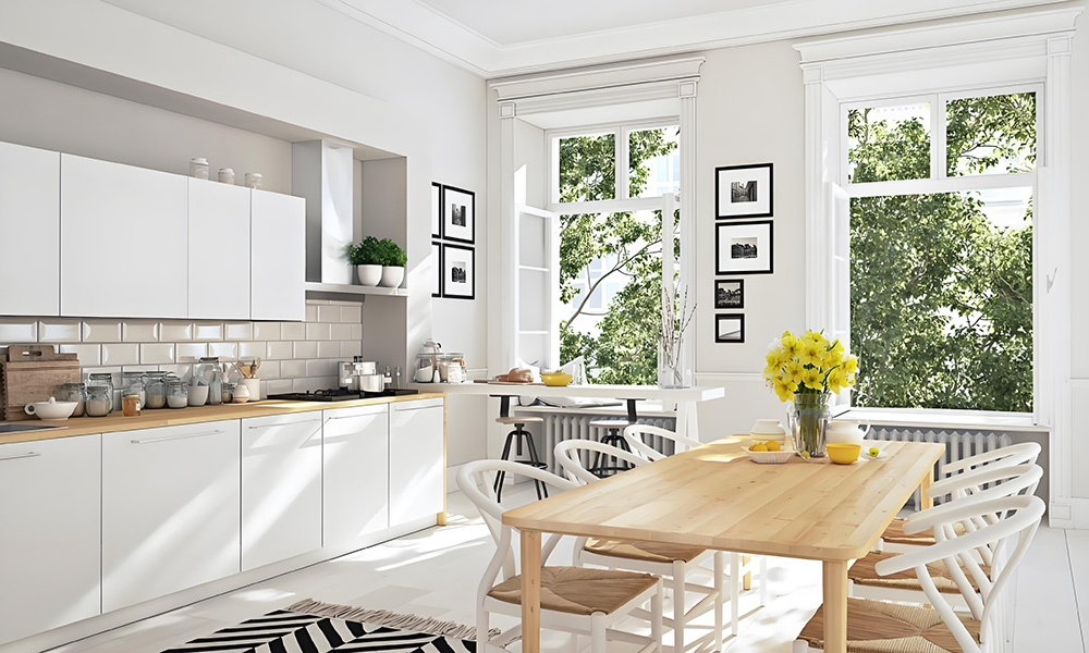 A contemporary kitchen with white and wood veneer cabinetry and a central island. The combination of crisp white and natural wood tones creates a warm, modern atmosphere, while the island adds extra functionality and serves as an elegant centerpiece.