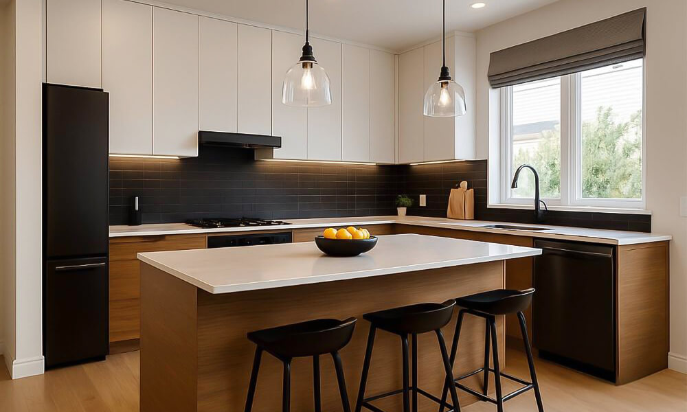 A modern kitchen featuring wood veneer base cabinets and white upper cabinets, arranged in an L-shape with a central island. The warm wood tones of the base cabinets contrast beautifully with the clean, bright white of the upper cabinets, creating a balanced and inviting space. The L-shaped layout maximizes efficiency and storage, while the central island provides additional prep space and doubles as a social hub. The overall design combines natural materials and contemporary style, ideal for a functional and aesthetically pleasing kitchen.