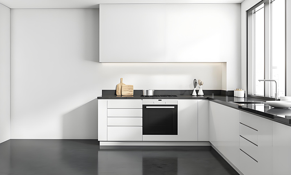 An L-shaped kitchen featuring white lacquered cabinetry. The glossy white finish enhances the bright and clean aesthetic, while the L-shape layout offers plenty of workspace and a functional, organized design for a modern kitchen environment.