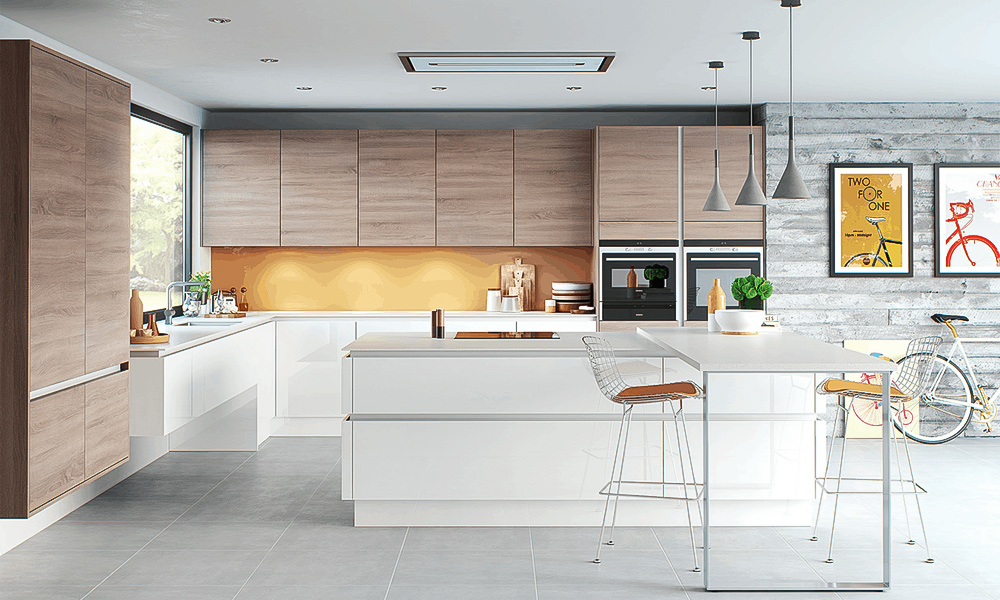 Kitchen Cabinet Set Smooth Veneer Finish Anti Moisture Minimalist Style Adjustable Hinges and Island Counter for Open Plan Kitchens