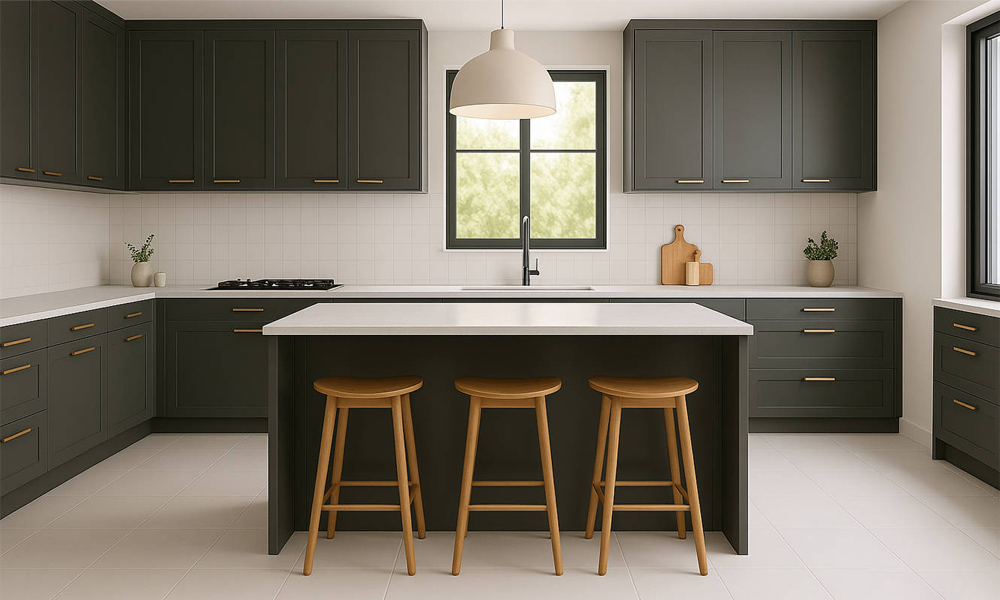 An L-shaped kitchen with black cabinetry and a central island countertop. The dark black tones of the cabinets create a bold, contemporary look, while the central island serves as both a functional workspace and a focal point for the room. The design combines modern aesthetics with practicality, offering ample storage and an ideal layout for cooking and socializing. The sleek black finish adds a touch of sophistication and elegance to the overall kitchen design.