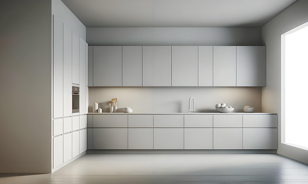 A modern L-shaped kitchen featuring white lacquered cabinetry. The high-gloss finish of the cabinets enhances the brightness of the space, creating a sleek, clean look, while the L-shape layout provides ample workspace and a functional, efficient design.