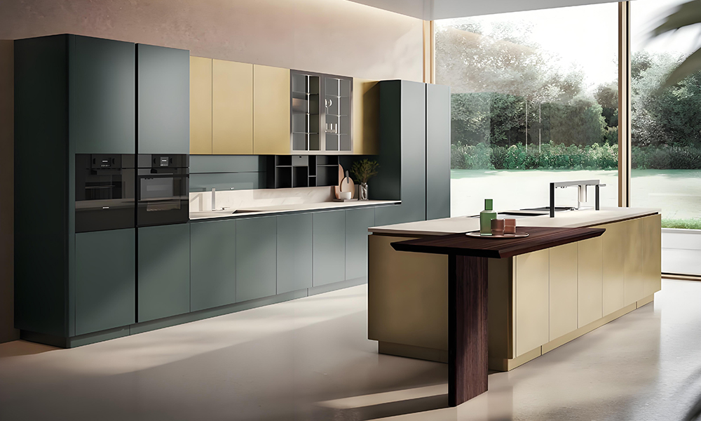 Modern Kitchen Cabinet Textured Veneer Finish Contemporary Style Waterproof No-Slam Drawers for Stylish House Kitchens