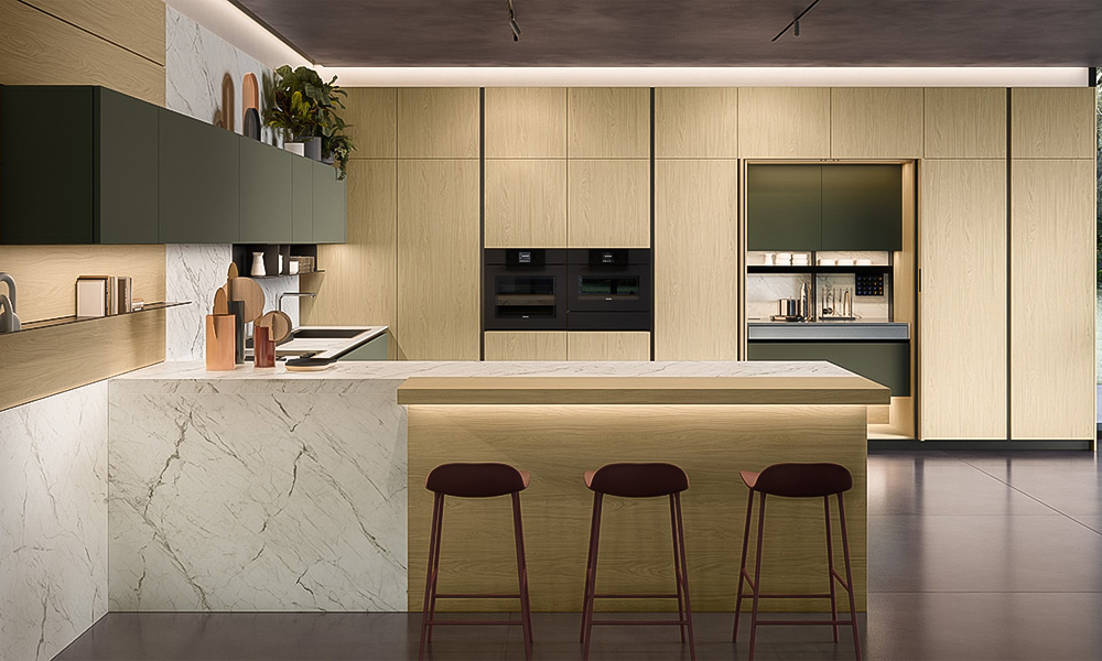 A modern kitchen featuring wood veneer cabinets and a white marble central island. The natural warmth of the wood contrasts beautifully with the sleek, elegant marble, creating a harmonious and sophisticated atmosphere in the space.