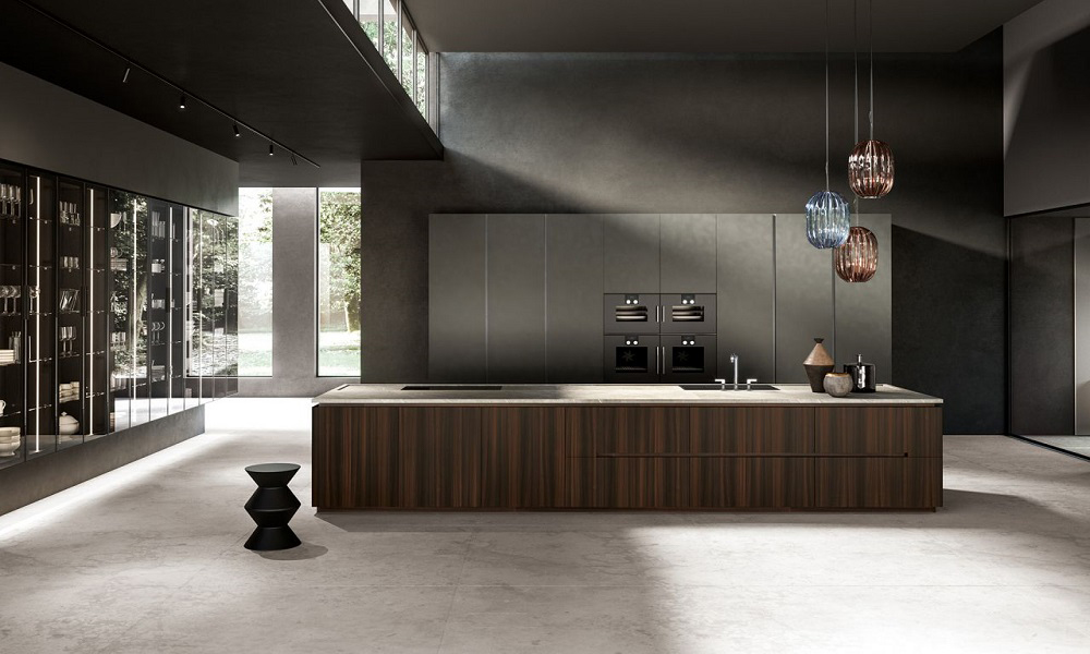 A one-wall kitchen with black lacquered cabinetry and a wood veneer central island. The sleek, glossy black cabinets contrast beautifully with the warm texture of the wood island, creating a sophisticated and modern design with a functional, stylish centerpiece.