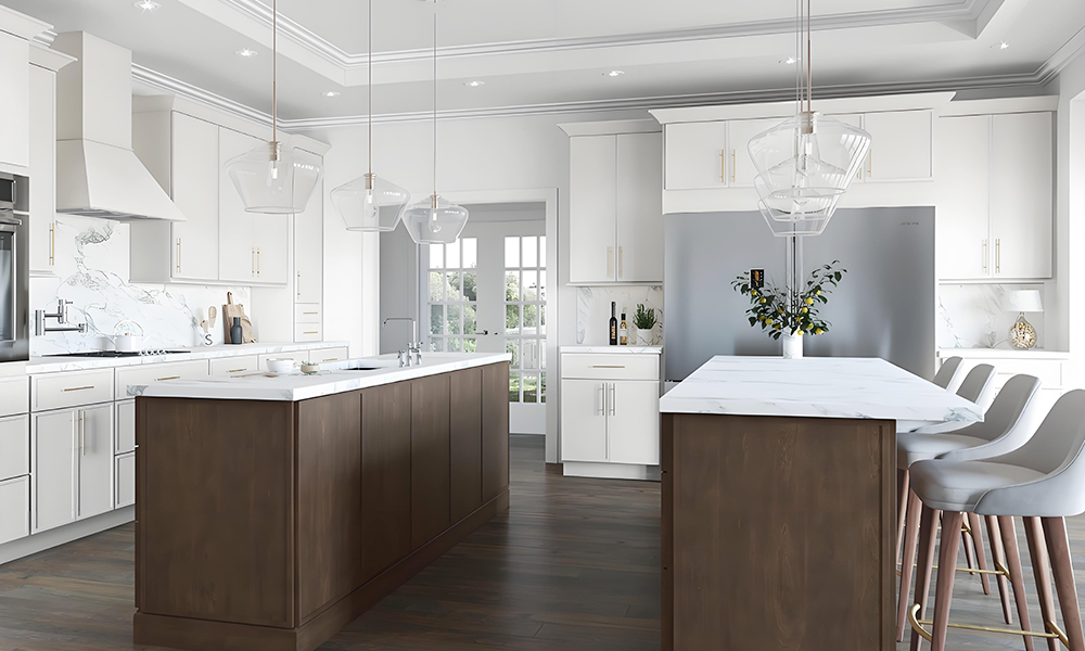 A modern kitchen with white lacquered cabinetry and a central island. The glossy white finish gives the space a bright, contemporary feel, while the island adds both functionality and a stylish focal point, enhancing the overall clean and sleek design.