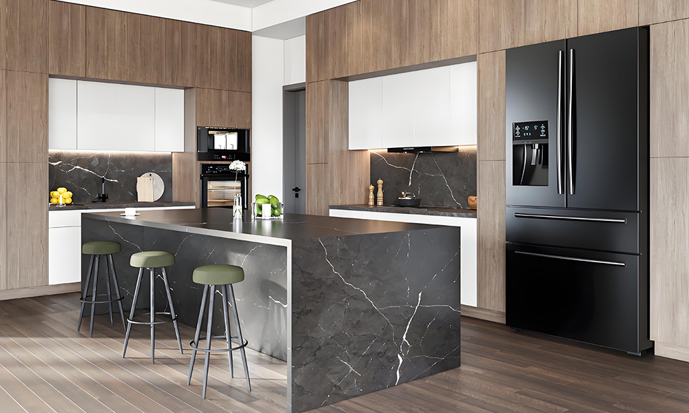 A stylish kitchen featuring wood veneer cabinets with sleek black marble countertops. The contrast between the warm wood tones and the bold, dark marble adds sophistication and elegance, creating a modern, luxurious atmosphere.