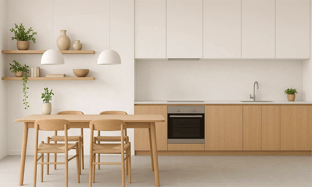 A close-up view of an L-shaped kitchen featuring wood veneer base cabinets and glossy white lacquer upper cabinets, showcasing a modern contrast of textures and colors with clean lines and a warm, inviting feel.