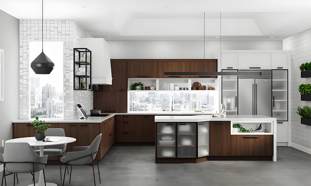 A panoramic view of a contemporary kitchen featuring a combination of white cabinetry and wood veneer cabinets. The design blends modern and natural elements, with the light tones of the white cabinets contrasting beautifully against the warm, textured wood surfaces, creating a balanced and inviting space.
