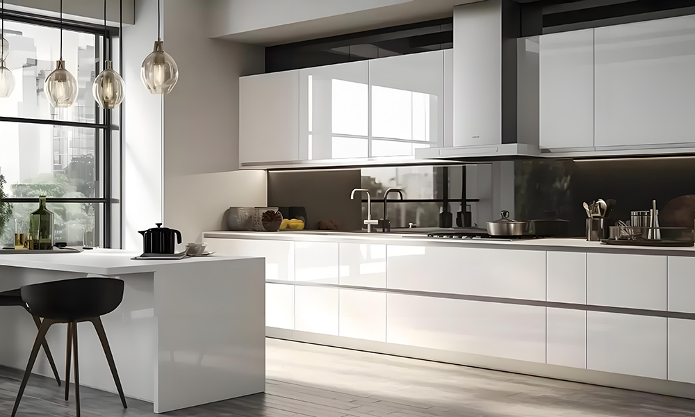 A close-up of a one-wall kitchen featuring white cabinetry and a central island. The design is sleek and modern, with clean lines and bright, minimalist finishes. The island serves as a functional centerpiece, enhancing the open and airy atmosphere of the space.