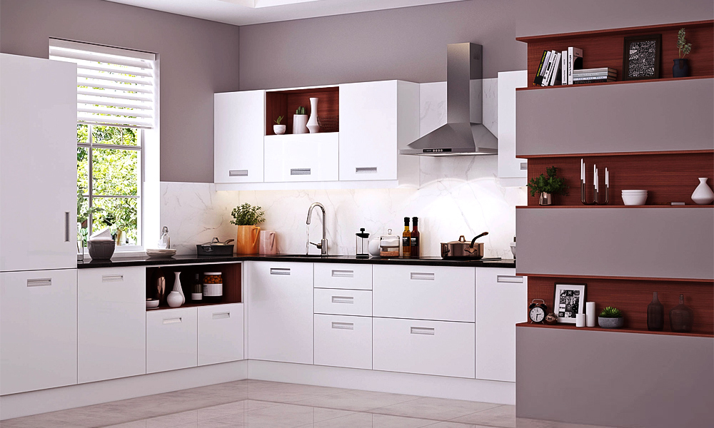A modern kitchen featuring white lacquered cabinetry with a sleek, high-gloss finish, designed in an L-shape layout. The clean, bright white cabinets create a minimalist and spacious atmosphere, reflecting light and enhancing the room’s openness. The L-shaped configuration maximizes countertop space for food preparation and storage. The design is elegant and functional, offering a contemporary aesthetic that pairs well with modern appliances and accessories. The overall look is sophisticated, with a focus on simplicity and modern design.