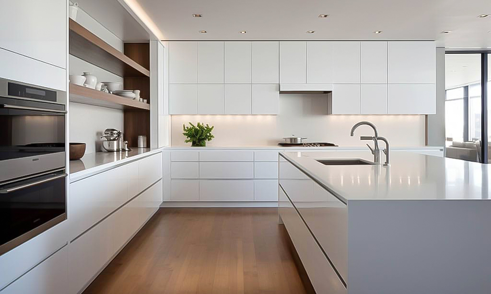 An L-shaped kitchen with white cabinetry, creating a bright and clean aesthetic. A central island adds both functionality and a focal point to the space. The design is modern and minimalist, with crisp lines and a fresh, airy atmosphere.