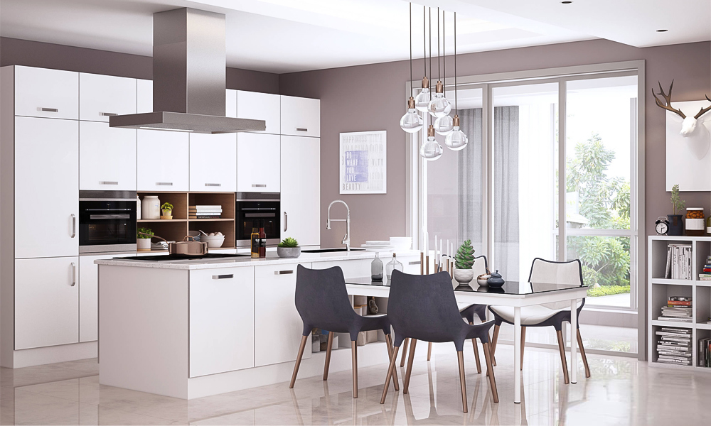 A modern one-wall kitchen featuring white cabinetry, elegant marble countertops, and a central island. The light color palette creates an airy, sophisticated atmosphere, combining style and practicality for a contemporary cooking space.