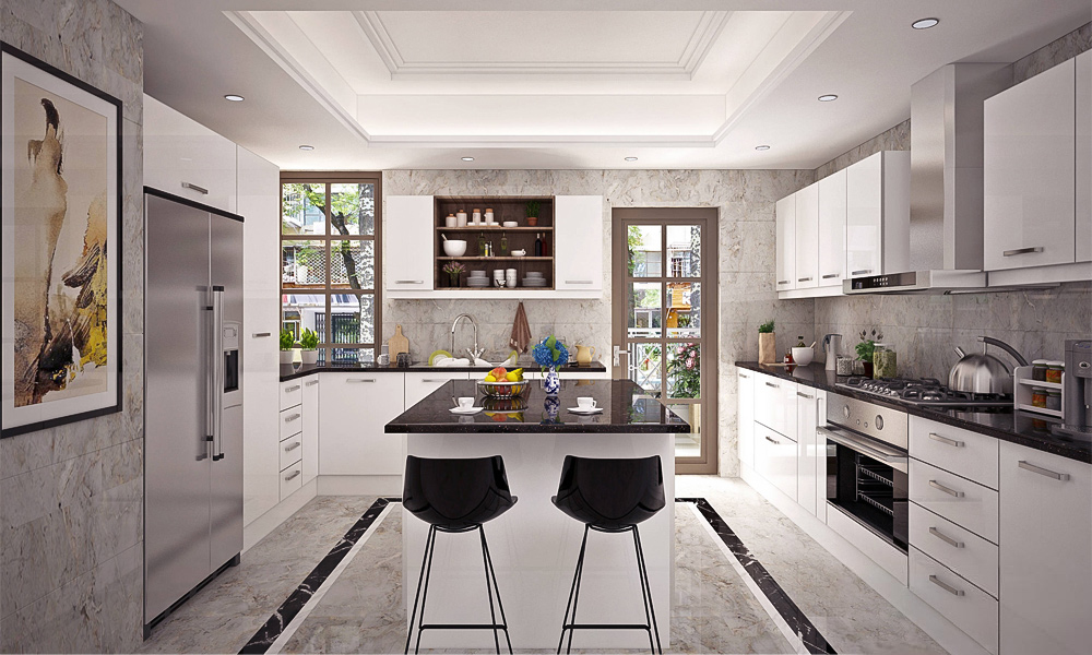 A modern U-shaped kitchen with white wood veneer cabinets, a stunning marble countertop, and a central island. The light wood tones and crisp white surfaces create an airy, elegant atmosphere, while the U-shaped layout provides excellent workflow and abundant storage. The marble-topped central island serves as a functional centerpiece, perfect for meal prep, casual dining, or entertaining, blending modern style with practical design.