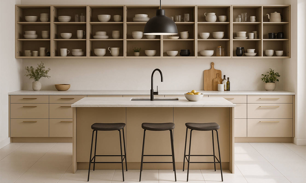 Kitchen Cabinet Modern Style Smooth Veneer Finish Spacious Space Hinges Cabinets for Urban Modern Kitchens