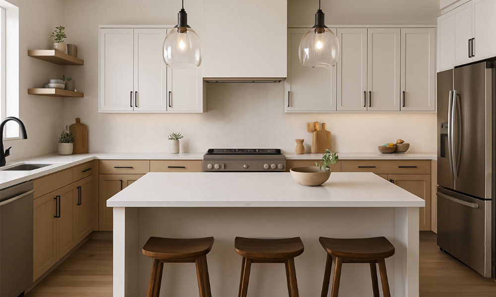 A modern kitchen with white wood veneer cabinets, complemented by a sleek marble countertop that adds an elegant touch. The L-shaped layout provides ample storage and workspace, while the central island, also topped with marble, enhances both functionality and style. The combination of natural wood tones and the sophisticated marble creates a balanced, contemporary look that is both warm and refined. The design is perfect for those seeking a stylish and practical kitchen for cooking and socializing.