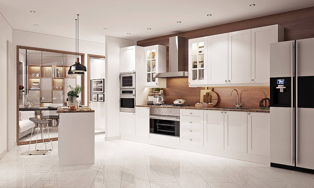 A bright and elegant kitchen featuring white lacquered cabinets with a glossy finish, exuding a clean and contemporary aesthetic. The countertop is made of exquisite marble, showcasing subtle veining that adds a touch of luxury. The central island, also topped with marble, serves as a functional workspace and a gathering point, enhancing both the style and practicality of the kitchen. This modern design creates a fresh and sophisticated atmosphere, perfect for both cooking and entertaining.