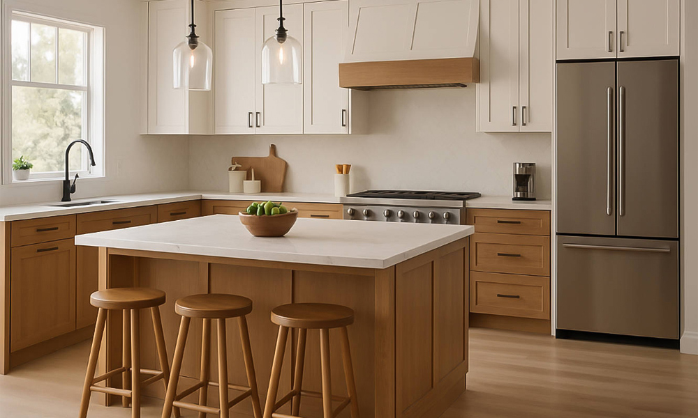 A modern kitchen featuring wood veneer cabinets in a one-wall layout, creating a warm, natural aesthetic. The rich texture of the wood adds depth and character to the space. The marble countertop enhances the kitchen with its elegant, timeless appeal, with intricate veining that complements the wood finish. The central island, with a matching marble top, serves as a central hub for cooking, dining, and socializing, bringing both functionality and style to the kitchen. The design combines natural materials with modern touches for a balanced and inviting atmosphere.