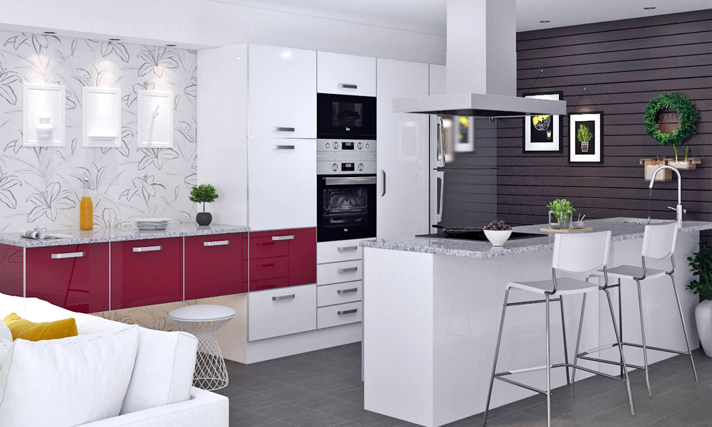 A modern, minimalist kitchen featuring white lacquer cabinets in a sleek linear (one-wall) layout. The white lacquer finish on the cabinets creates a clean and bright aesthetic, complemented by a sophisticated marble countertop with subtle, elegant veining. The central island, with a marble top, adds both functionality and style, providing extra prep space and an area for informal dining or socializing. The overall design focuses on simplicity and efficiency, creating a timeless and elegant kitchen space.