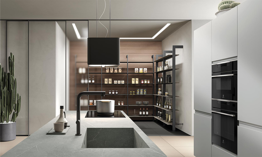 ChatGPT 说： A close-up view of an L-shaped kitchen with dark gray lacquer cabinets and a central countertop, showcasing sleek modern design with a smooth, glossy finish and minimalist style. The countertop offers a clean and spacious work area, complementing the contemporary aesthetic.