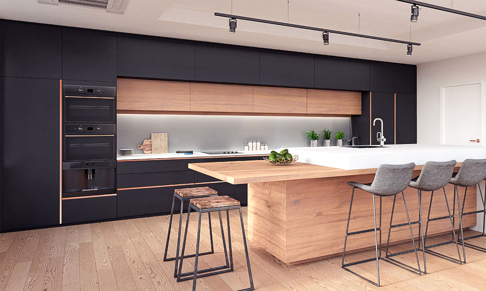 A modern one-wall kitchen with dark matte lacquer cabinets and a wood veneer central island, showcasing a stylish blend of natural textures and contemporary elegance.