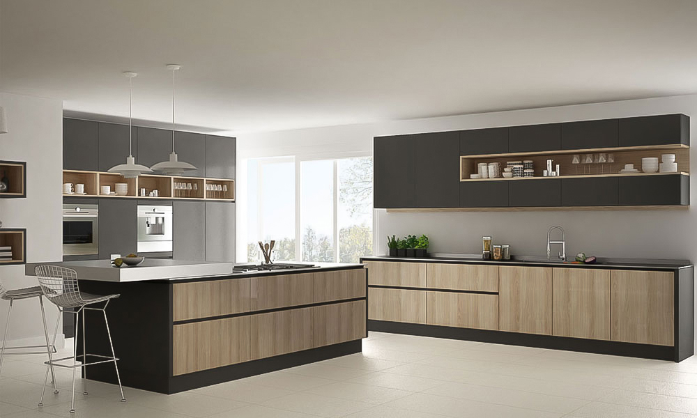 A modern one-wall kitchen featuring dark gray matte lacquer cabinets and a central island, creating a sleek and sophisticated atmosphere with clean, minimalist lines and a contemporary feel.