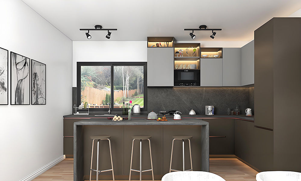 A contemporary L-shaped kitchen with gray matte lacquer cabinets and a central island topped with a marble countertop, creating a sleek and elegant atmosphere with a balance of modern style and natural stone texture.