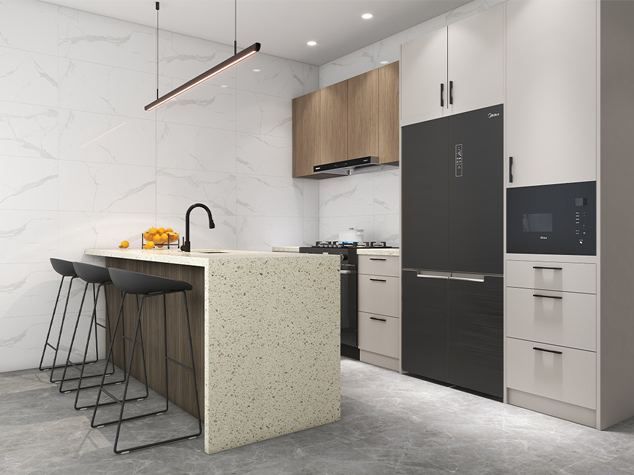 Project case image for the Racine Vaudreuil hotel apartment project in Canada. The image features a contemporary one-wall kitchen with gray lacquered cabinetry and a central island. The design highlights sleek finishes, clean lines, and a functional layout, combining style and practicality to create a modern and elegant cooking space in the hotel apartment.