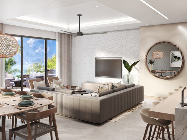 Project case image for the Welnest Resort hotel project in Mauritius. The image showcases the guest room’s living area, featuring modern furnishings, warm neutral tones, and elegant décor. The space combines comfort and sophistication, offering a relaxing and inviting atmosphere with a seamless blend of contemporary style and natural charm.