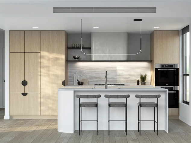 Project case image for the Alma Village apartment development in Australia. The image features a stylish one-wall kitchen with a central island. The sleek cabinetry, modern appliances, and minimalist design create a functional and contemporary cooking space, while the island provides additional counter space and serves as a focal point for the kitchen.