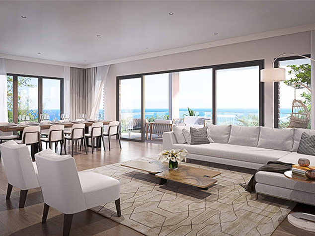 Project case image for Manta Cove by Horizon Holidays, located in Mauritius. The image showcases a modern dining table set within an elegant and airy space, featuring contemporary design, clean lines, and sophisticated finishes. The setup creates a stylish and inviting atmosphere, perfect for dining and social gatherings in the holiday hotel.