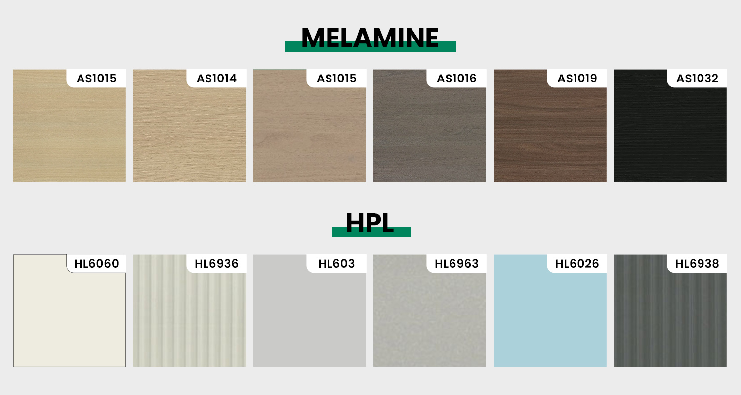 Melamine and HPL color samples for furniture and interior design – light wood, dark wood, black, grey, and pastel laminate options with codes
