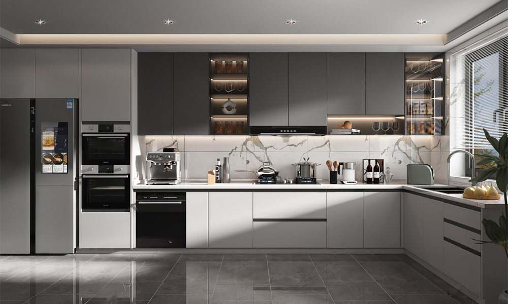 Modern Kitchen Cabinet White Lacquer Finish Soft Close Drawers for Minimalist Urban Apartments