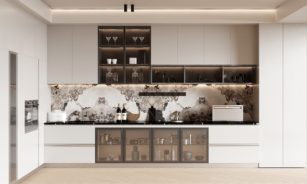 Modern Kitchen Cabinet Smooth Lacquer Finish Spacious Space No-Slam Drawers for Apartments Kitchen