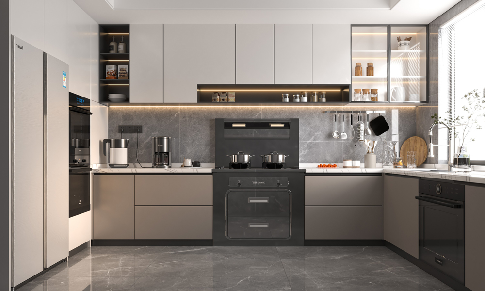 Modern Kitchen Cabinet Sleek Grey Lacquer Finish Push to Open Doors Suitable for Home Kitchens
